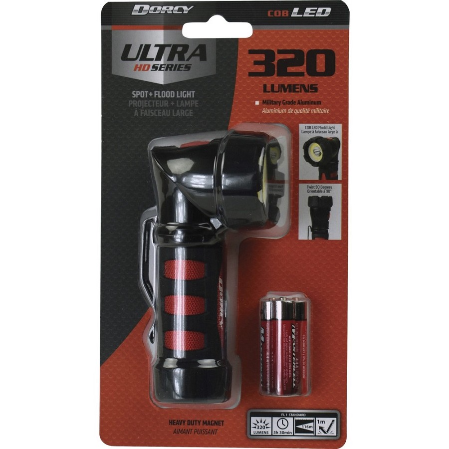 Dorcy Ultra HD Series COB Swivel Flashlight - LED - 320 lm Lumen - 3 x AAA - Battery - Metal - Impact Resistant - Black, Red - 1 Each 