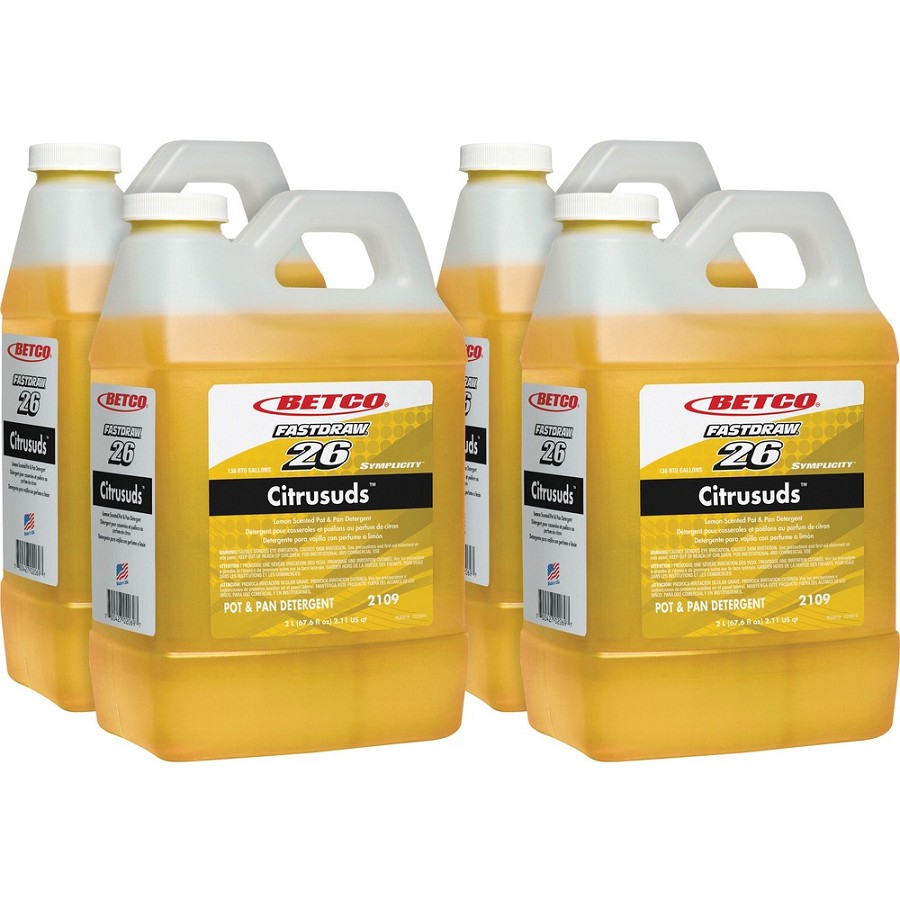 Betco Symplicity FastDraw 26 Citrusuds Pot/Pan Detergent - Concentrate - 67.6 fl oz (2.1 quart) - Lemon Scent - Heavy Duty, Spill Proof, Phosphate-free - Yellow - 4 / Carton 