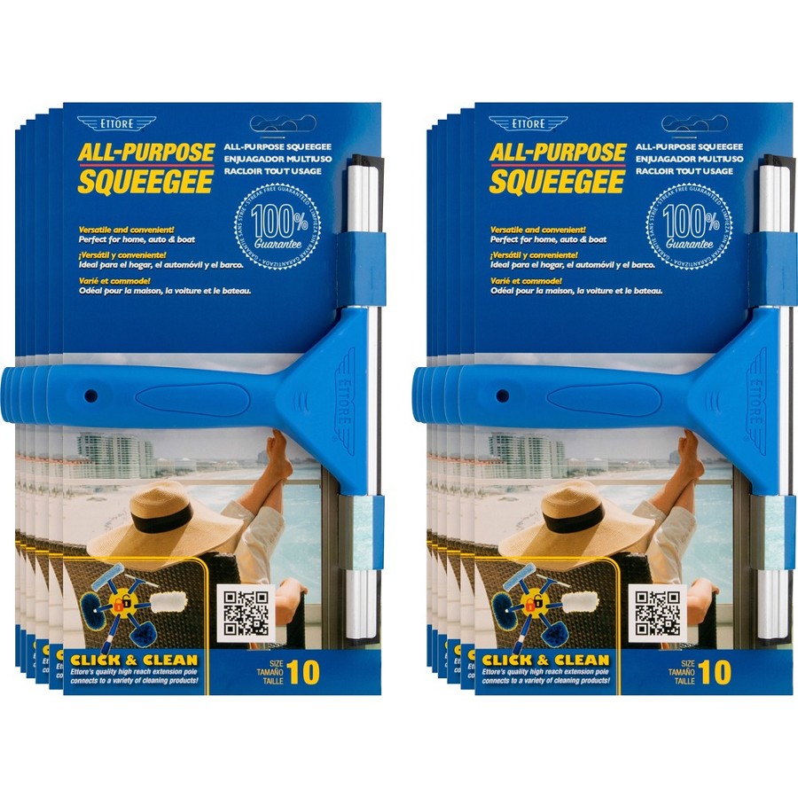 Ettore All-purpose Squeegee - Rubber Blade - Plastic Handle - 1.5' Height x 10' Width x 12' Length - Lightweight, Streak-free - Blue - 12 / Carton 