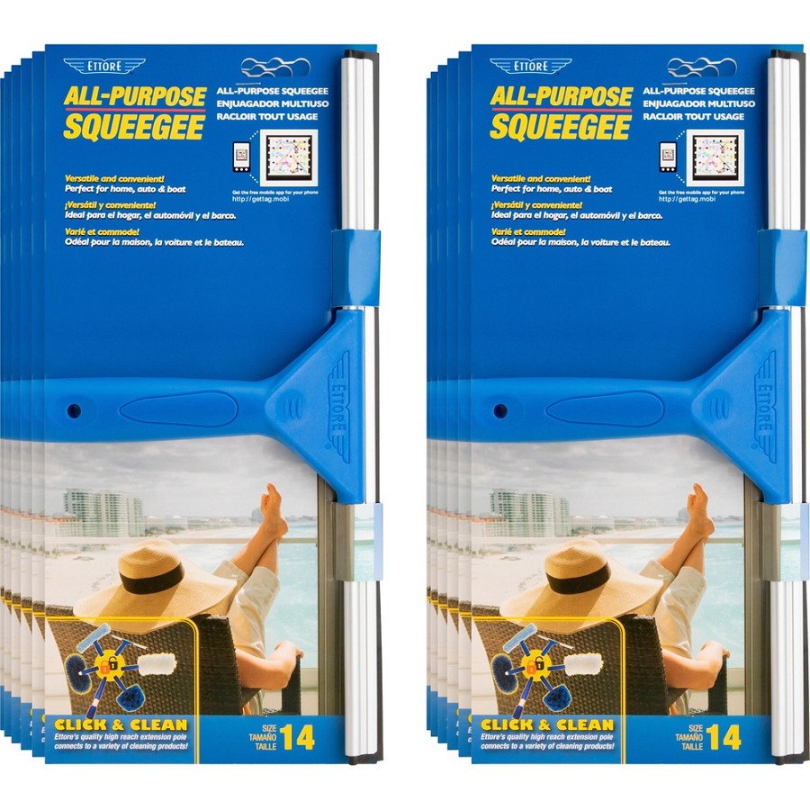 Ettore All-purpose Squeegee - Rubber Blade - Plastic Handle - 1.5' Height x 14' Width x 14' Length - Lightweight, Streak-free - Blue - 12 / Carton 