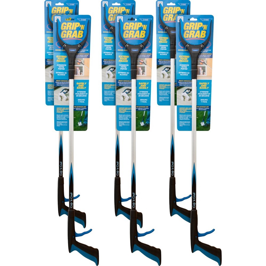 Ettore Grip 'n Grab Multipurpose Pickup Tool - 32' Reach - Lightweight, Rust Proof, Articulating Head, Comfortable Handle - Aluminum, Plastic, Rubber - Blue - 6 / Carton 