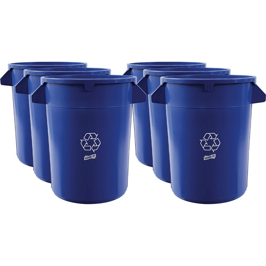 Genuine Joe Heavy-Duty Trash Container - 32 gal Capacity - Side Handle, Venting Channel - Plastic - Blue - 6 / Carton 