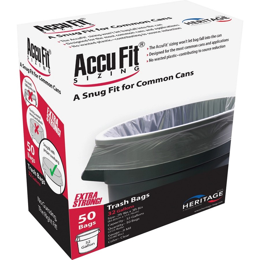 Heritage Accufit Reprime 32 Gallon Can Liners - 32 gal Capacity - 44' Length x 33' Width x 0.90 mil (23 Micron) Thickness - Low Density - Clear - Linear Low-Density Polyethylene (LLDPE) - Garbage - 50/Box - 6 / Carton 