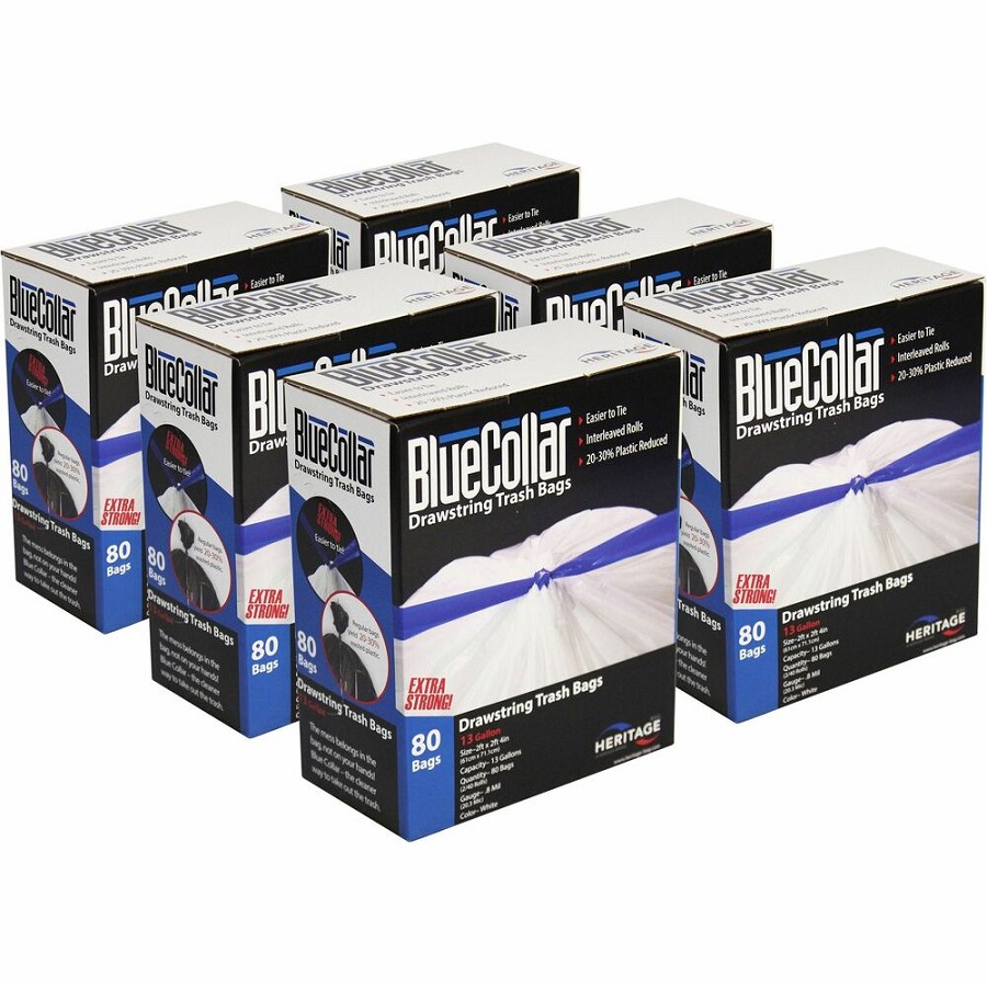 BlueCollar 13-gallon Drawstring Trash Bags - 13 gal Capacity - 28' Length x 24' Width x 0.80 mil (20 Micron) Thickness - Drawstring Closure - White - Garbage - 80/Box - 6 / Carton 