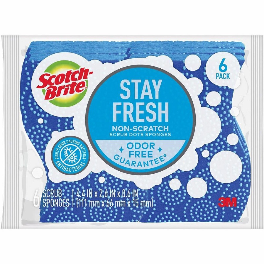 Scotch-Brite Scrub Dots Non-Scratch Sponge - 4.8' Height x 6.5' Width x 2.5' Depth - 6/Pack - 4 / Carton - Blue 