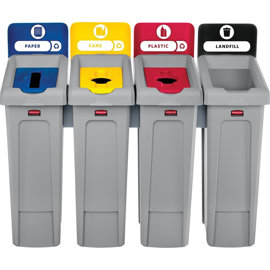 Rubbermaid Commercial Slim Jim Recycling Station - 4-Stream - 23 gal Capacity - Rectangular - Recyclable, Hinged Lid - Resin - Gray - 1 Each 