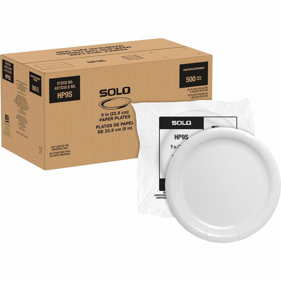 Solo 9' Heavyweight Paper Plates - Food - Disposable - 9' Diameter - White - Paper Body - 125/Bag - 4 / Carton 