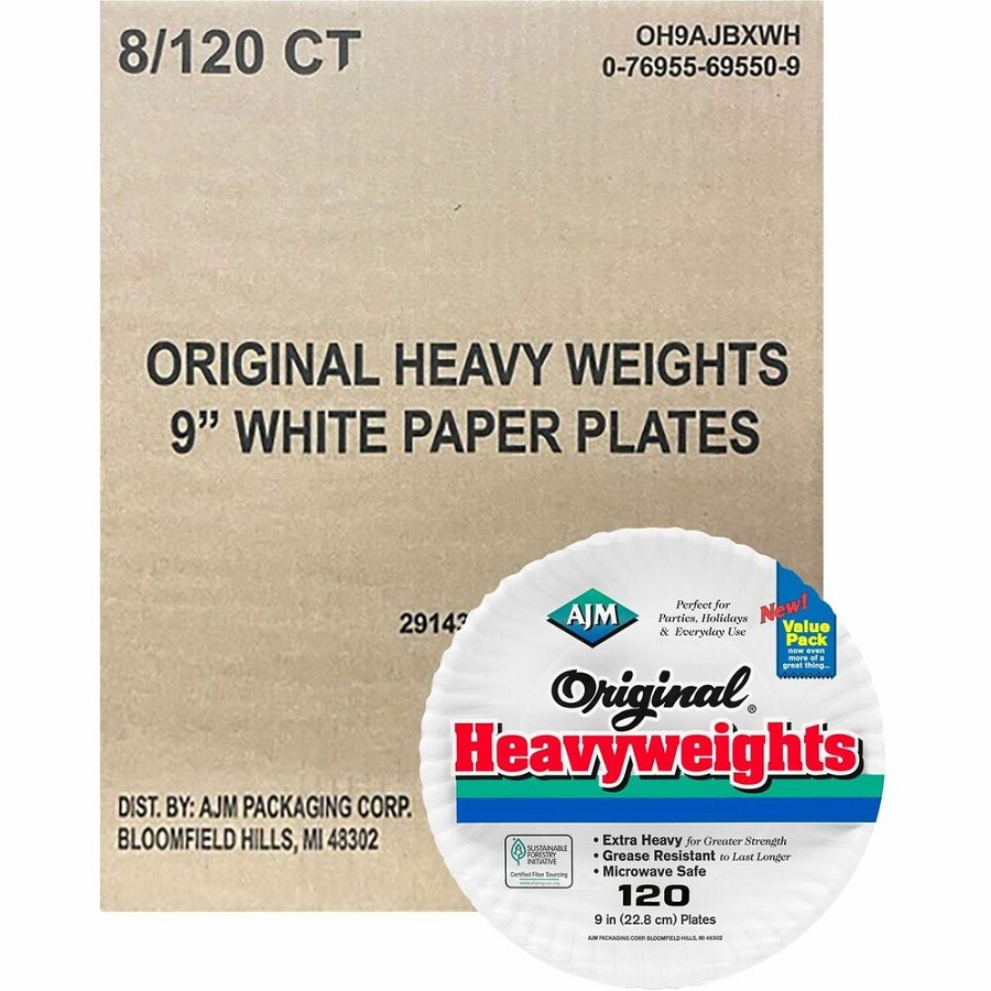 AJM 9' Original Heavyweight Plates - Serving, Reheating - Disposable - Microwave Safe - 9' Diameter - White - Paper Body - 120/Pack - 8 / Carton 