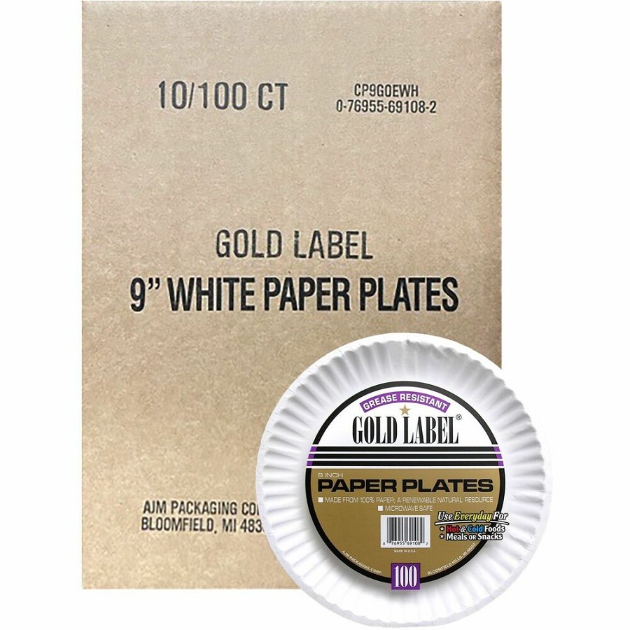 Gold Label 9' Dinnerware Paper Plates - Serving - Disposable - Microwave Safe - 9' Diameter - White - Paper Body - 100/Pack - 10 / Carton 