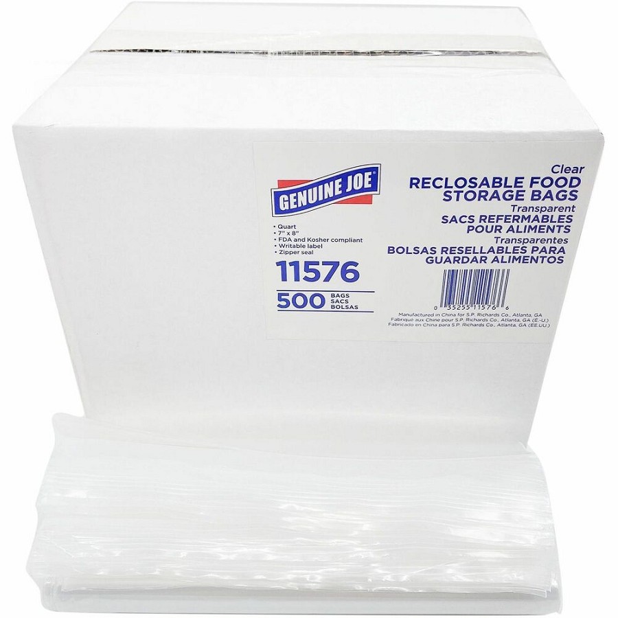 Genuine Joe Food Storage Bags - 1 quart Capacity - 8' Length x 7' Width x 1.75 mil (44 Micron) Thickness - Zipper Closure - Clear - Food, Beef, Poultry, Vegetables, Seafood - 500/Box - 8 / Carton 