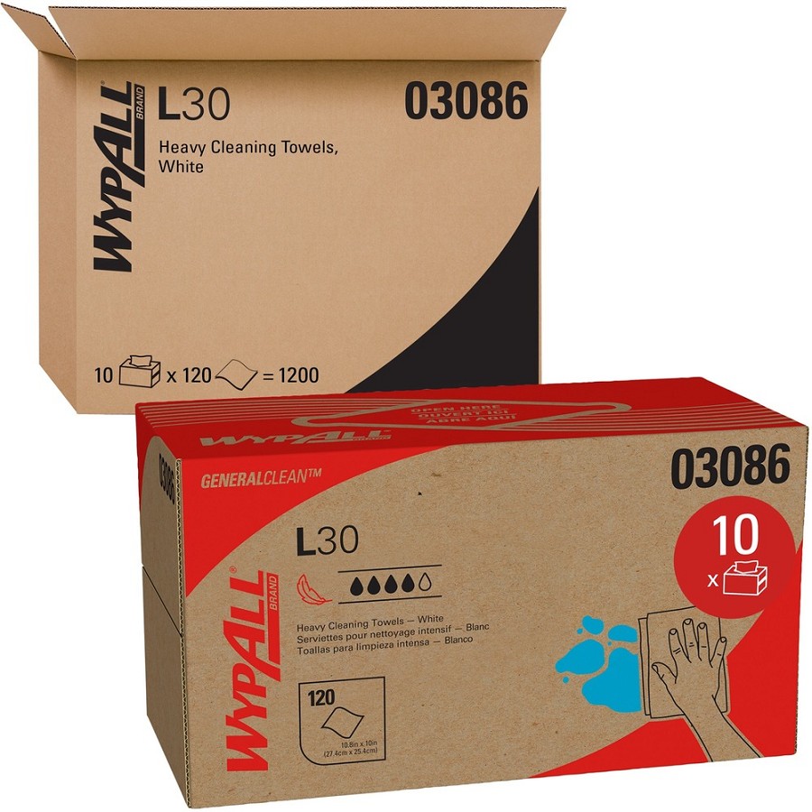 Wypall General Clean L30 Heavy Cleaning Towels - 10' Width x 9.80' Length - White - 120/Box - 10 / Carton 