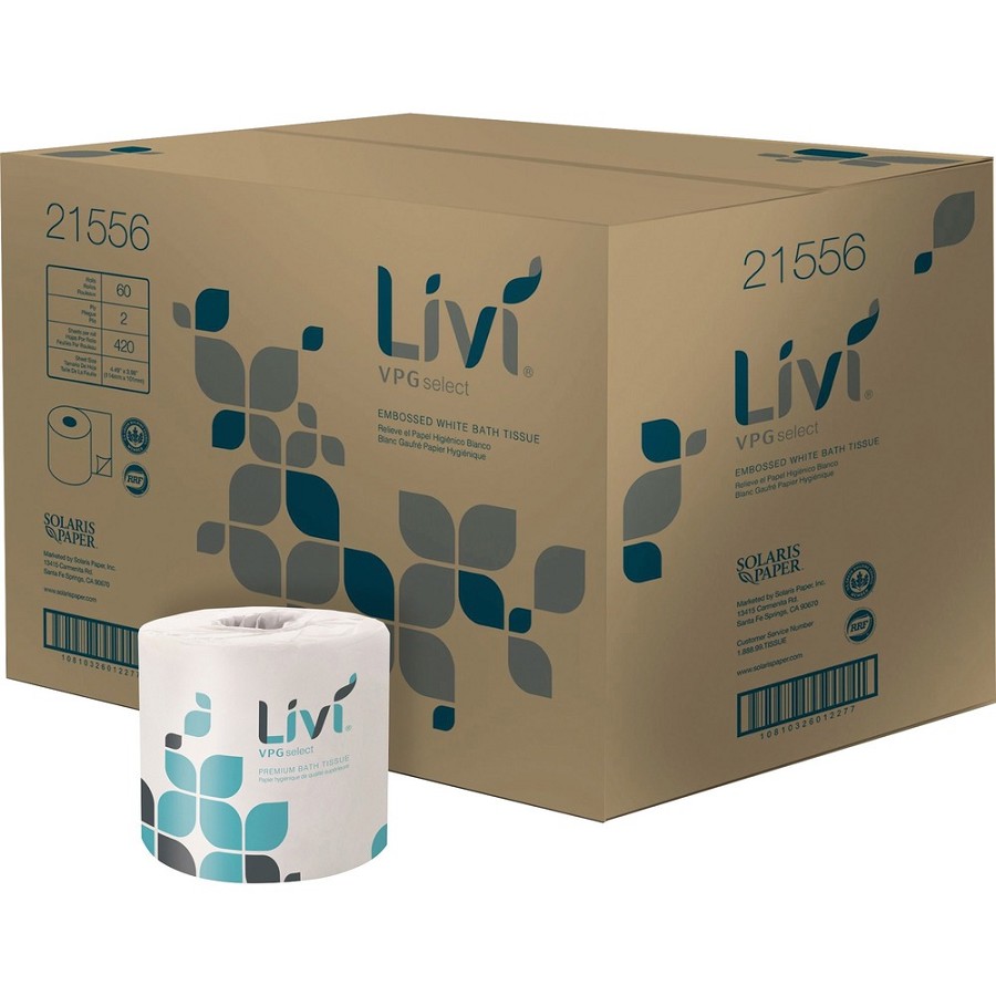 Livi VPG Select Bath Tissue - 2 Ply - 4.48' Width x 3.98' Length - 420 Sheets/Roll - Embossed - Bright White - Virgin Fiber - 60 / Carton 