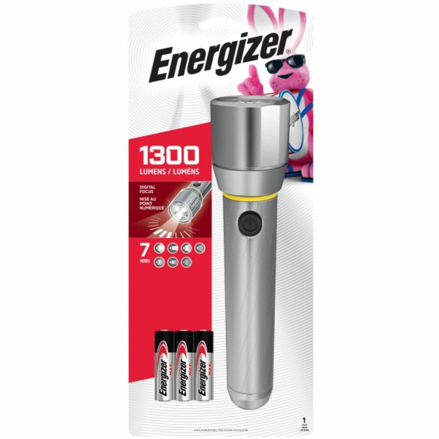 Energizer Vision HD Flashlight with Digital Focus - LED - 1300 lm Lumen - 6 x AA - Battery - Metal - Chrome - 4 / Carton 