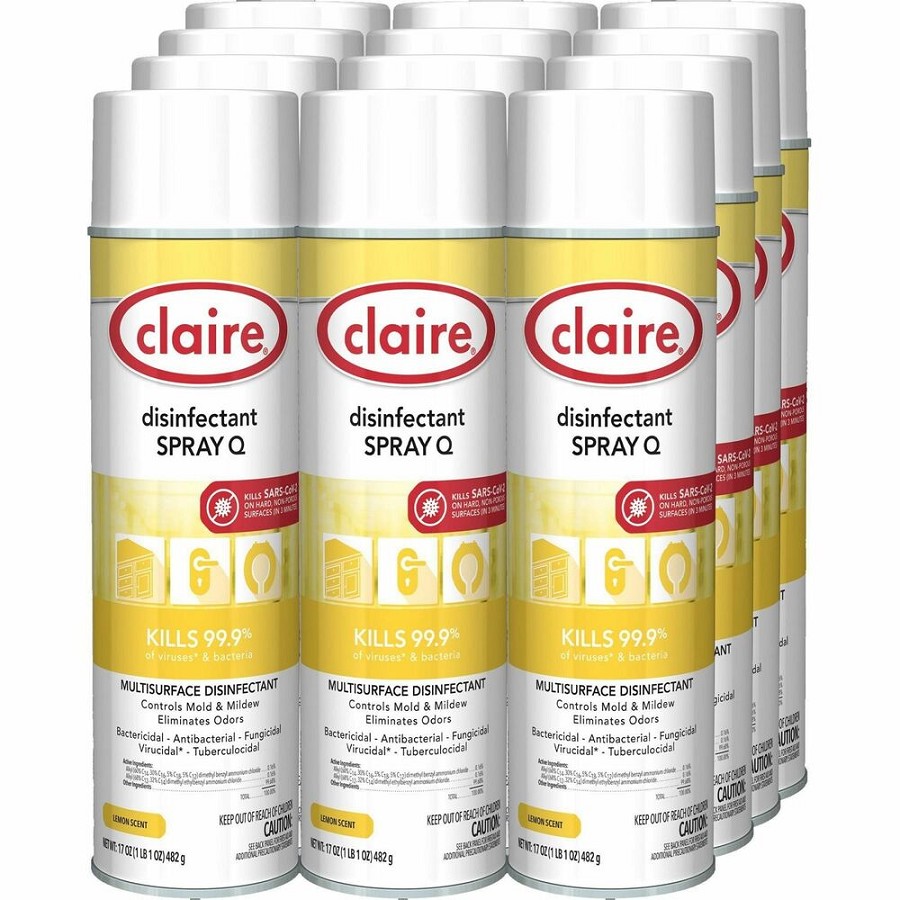 Claire Multipurpose Disinfectant Spray - Ready-To-Use - 17 fl oz (0.5 quart) - Lemon Scent - Antibacterial - Yellow - 12 / Carton 