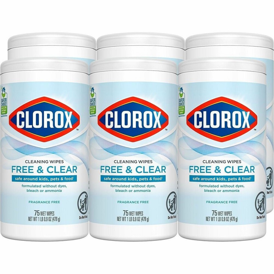 Clorox Free & Clear Cleaning Wipes - 4.25' Length x 4.25' Width - Fragrance-free, Dye-free, Residue-free, Durable - White - 75/Tub - 6 / Carton 