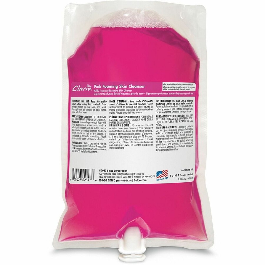 Betco Clario Pink Foaming Skin Cleanser Refills - 1.06 quart - Kill Germs - Skin, Hand - 6 / Carton 