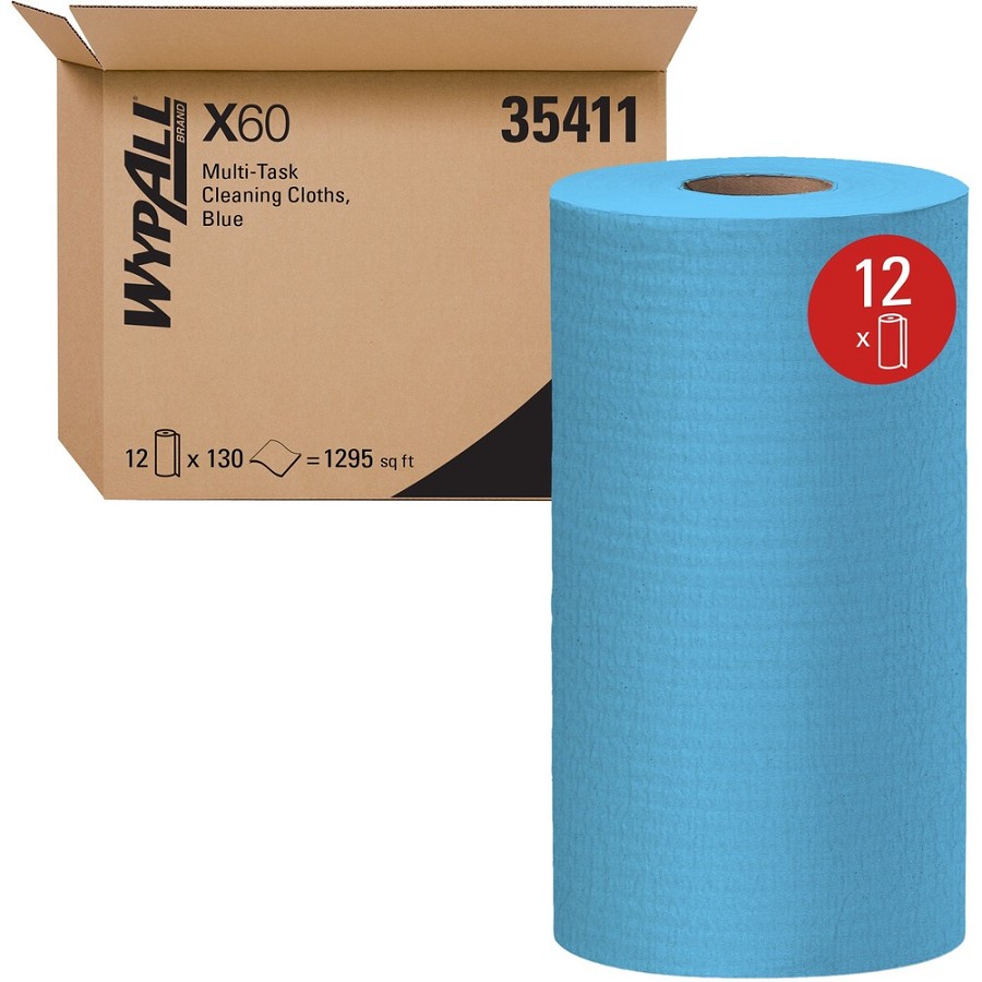 Wypall General Clean X60 Multi-Task Cleaning Cloths - 12.20' Length x 9.80' Width - Absorbent, Reinforced, Strong, Perforated, Durable, Reusable, Residue-free, Sturdy - Blue - 130/Roll - 1 Carton 