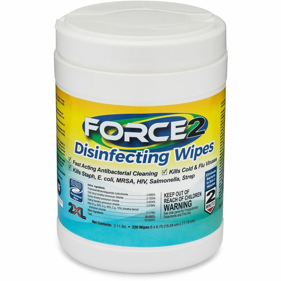 2XL FORCE2 Disinfecting Wipes - Wipe - 6.75' Length x 6' Width - Recommended For: Bacteria Remover, Virus Remover, Coronavirus - Fast Acting, Non-toxic, Non-irritating, Pre-moistened, Alcohol-free, Phenol-free, Bleach-free, Ammonia-free - White - 220/Tub 