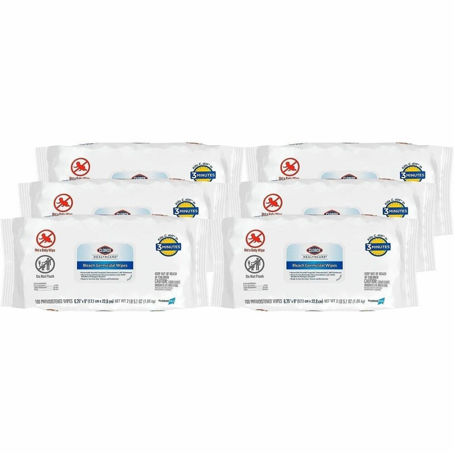Clorox Healthcare Bleach Germicidal Wipes - 9' Length x 6.75' Width - Disinfectant - White - 100/Pouch - 6 / Carton 