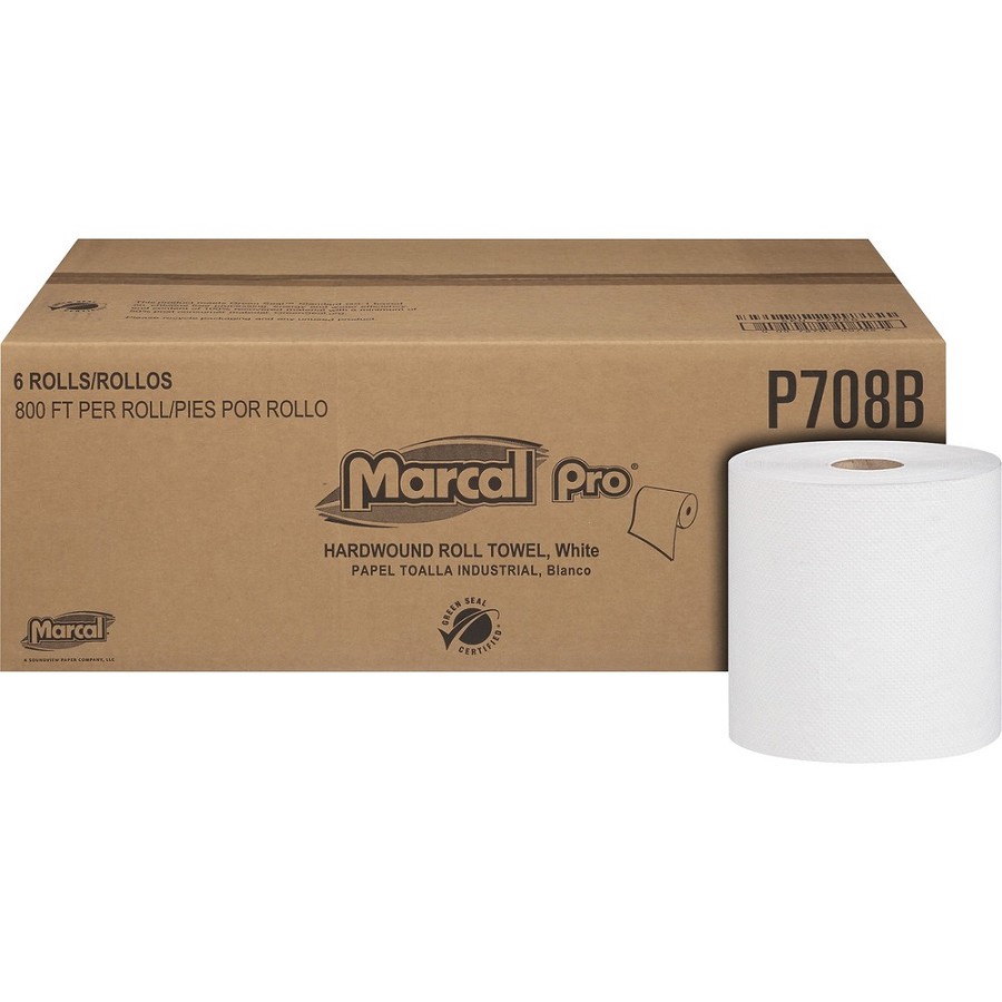 Marcal Hardwound Roll Towel - 1 Ply - 7.87' Width x 800 ft Length - White - Paper - 6 / Carton 