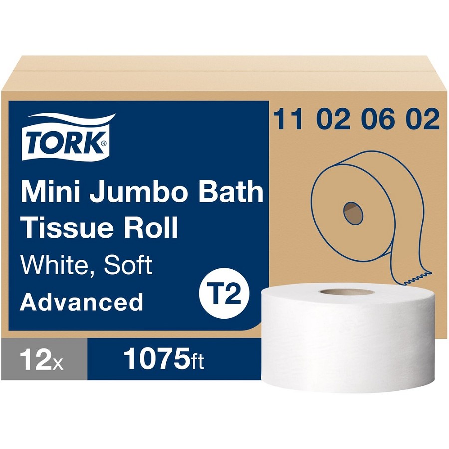 TORK Soft Mini Jumbo Toilet Paper Roll - 2 Ply8.38' Length - 1075 Sheets/Roll - 7.40' Roll Diameter - 2 19/64' Core - White - 12 / Carton 
