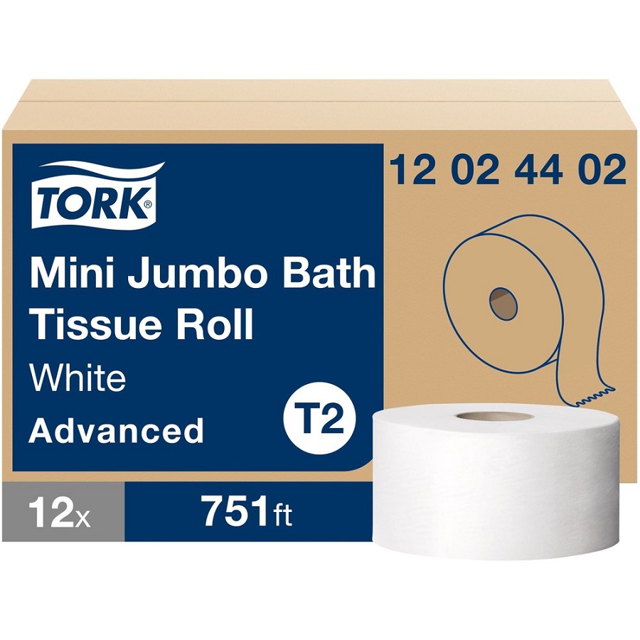 TORK Mini Jumbo Toilet Paper Roll White T2 - 2 Ply - 7.36' Roll Diameter - 2 11/32' Core - White - Fiber - 12 / Carton 