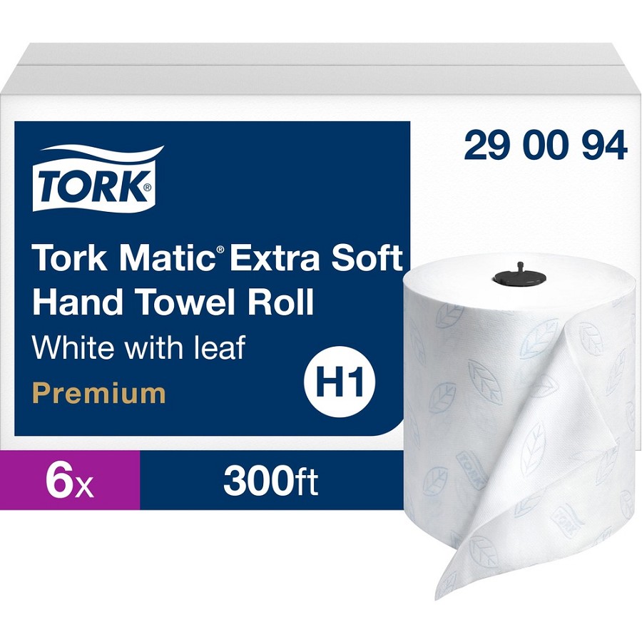 TORK Matic Extra Soft Hand Towel Roll White with Blue Leaf H1 - 2 Ply - 7.25' Roll Diameter - 1 33/64' Core - White - Virgin Pulp, Fiber - 6 / Carton 