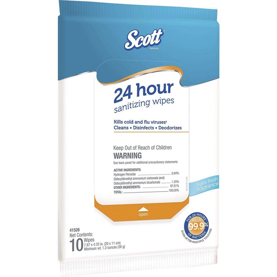 Scott 24 Hour Sanitizing Wipes - Fresh Scent - 7.87' Length x 4.33' Width - Bleach-free, Antibacterial, Rinse-free - White - 10/Pack - 1 Carton 
