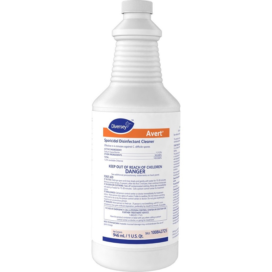 Diversey Avert Sporicidal Disinfect Cleaner - Ready-To-Use - 32 fl oz (1 quart) - Chlorine Scent - Disinfectant, Deodorize, Rinse-free - Yellow - 12 / Carton 