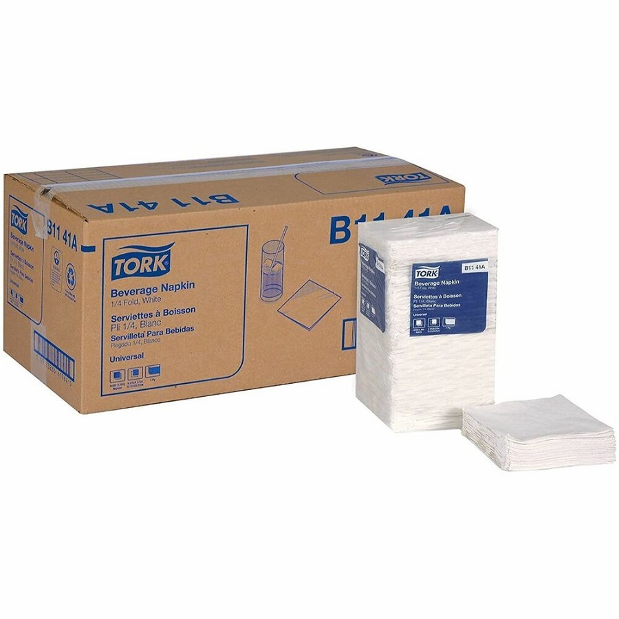 TORK White Beverage Napkin - 1 Ply - 9.38' Width x 9.38' Length - White - Paper, Fiber - 500/Pack - 8 / Carton 