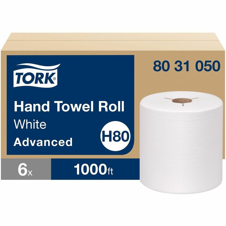 TORK Hand Towel Roll White H80 - 1 Ply - 7.85' Roll Diameter - 1 15/16' Core - White - Fiber - 6 Rolls Per CartonCarton - 6 / Carton 