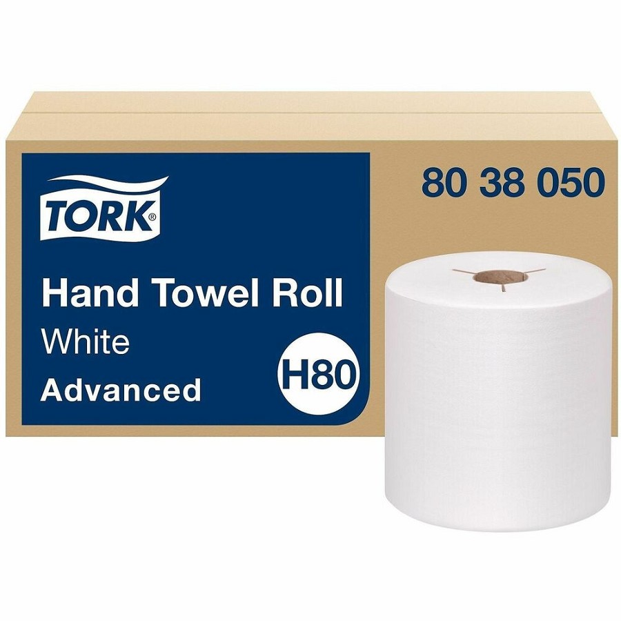 TORK Paper Hand Towel Roll White H80 - 1 Ply - 7.80' Roll Diameter - 1 15/16' Core - White - Fiber - 6 Rolls Per CartonCarton - 6 / Carton 