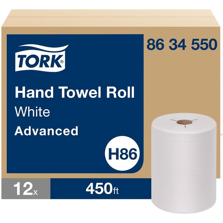 TORK Hand Towel Roll White H86 - 1 Ply - 5.85' Roll Diameter - 1 15/16' Core - White - Fiber - 12 Rolls Per CartonCarton - 12 / Carton 