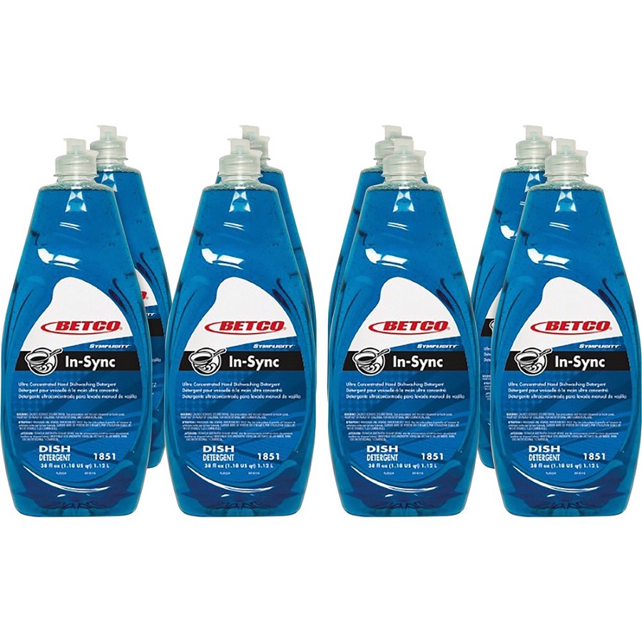 Betco Simplicity In-Sync Dishwashing Liquid - Concentrate - 38 fl oz (1.2 quart) - Fresh Ozonic Scent - Film-free, Rinse-free, Streak-free, Phosphate-free - Blue Bottle - 8 / Carton 