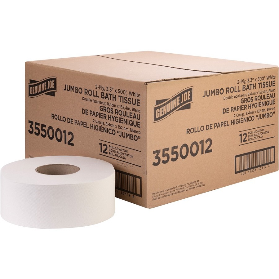 Genuine Joe Jumbo Jr Dispenser Bath Tissue Roll - 2 Ply - 3.30' Width x 500 ft Length - 8.88' Roll Diameter - White - Fiber - 12 / Carton 