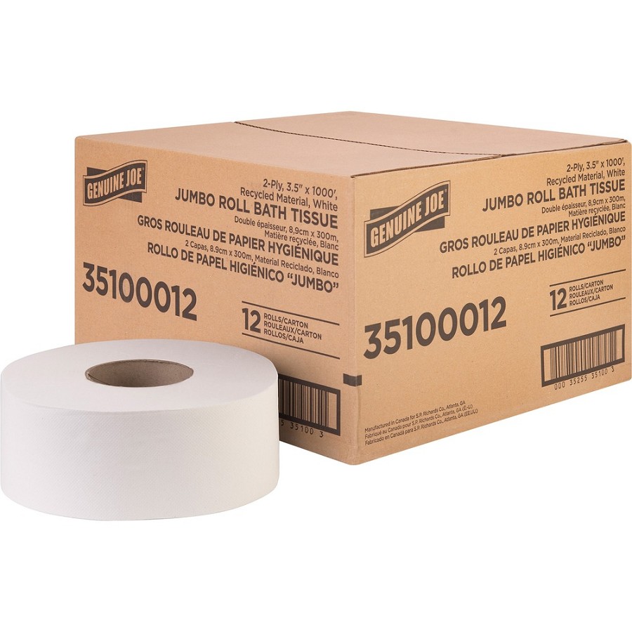 Genuine Joe Jumbo Jr Dispenser Bath Tissue Roll - 2 Ply - 3.50' Width x 1000 ft Length - 8.88' Roll Diameter - White - Fiber - 12 / Carton 