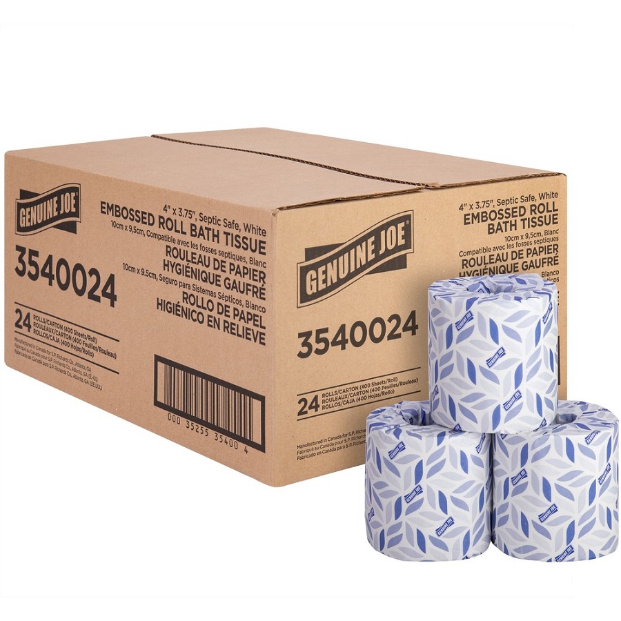 Genuine Joe 2-ply Bath Tissue Rolls - 2 Ply - 4' Width x 3.75' Length - 400 Sheets/Roll - Embossed - White - 24 / Carton 