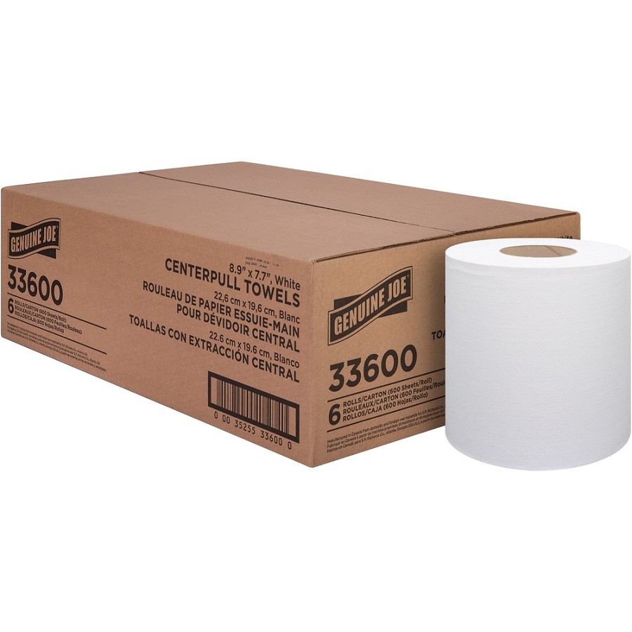 Genuine Joe Centerpull Towel Rolls - 8.13' Width x 7.56' Length - 600 Sheets/Roll - 3' Core - White - Virgin Fiber - 6 / Carton 