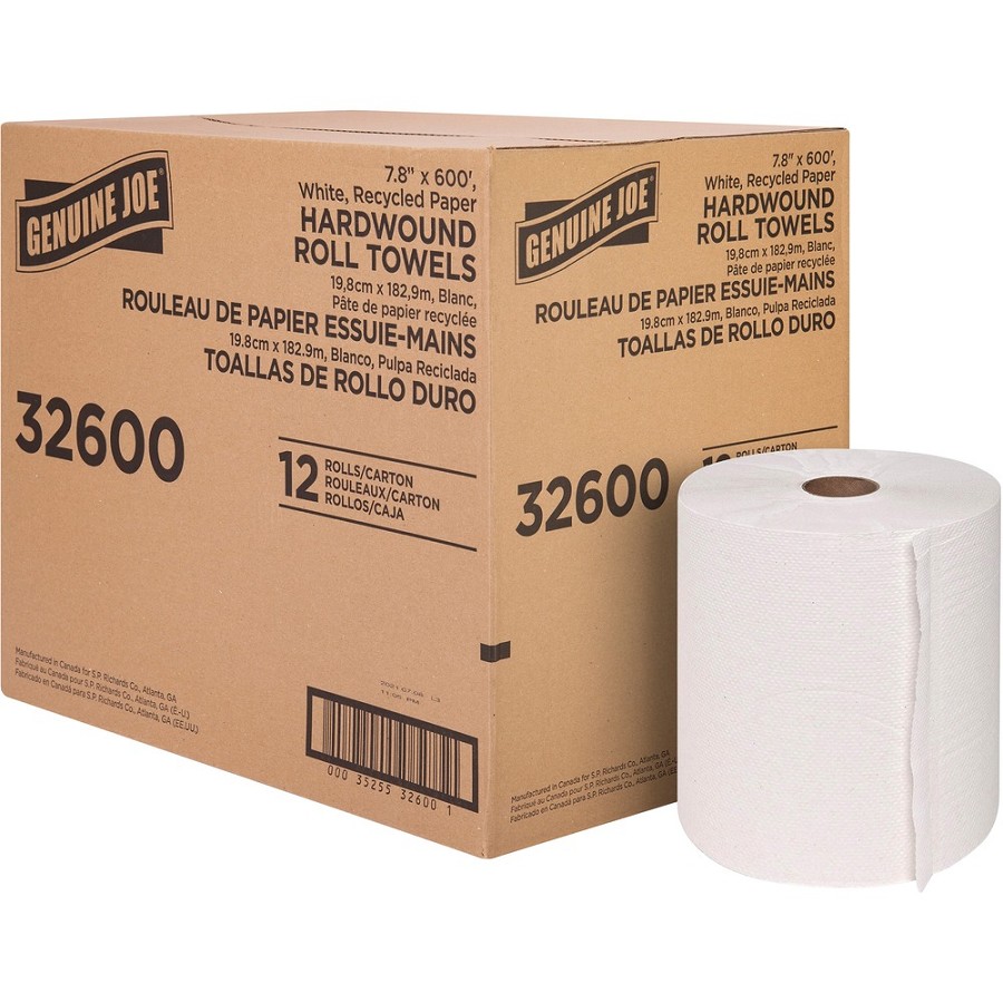 Genuine Joe Hardwound Roll Paper Towels - 7.80' Width x 600 ft Length - 2' Core - Embossed Design - White - Paper - 12 / Carton 