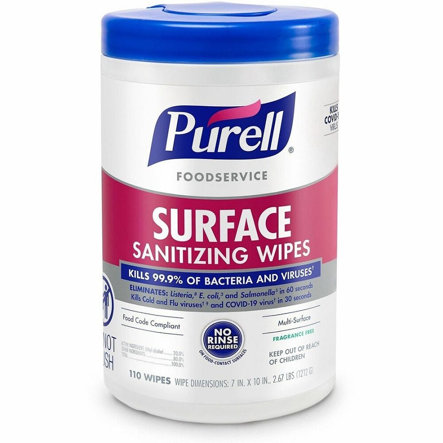 PURELL Foodservice Surface Sanitizing Wipes - Ready-To-Use - 10' Length x 7' Width - Rinse-free, Fragrance-free, Durable - 110/Tub - 1 Each 
