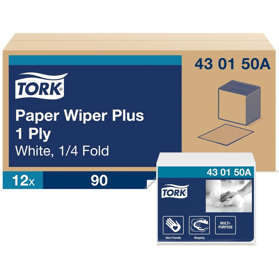 TORK Paper Wiper Plus White Self Dispensing - 1 Ply - Quarter-fold - 12.50' Width x 13' Length - White - Paper - 90/Pack - 12 / Carton 