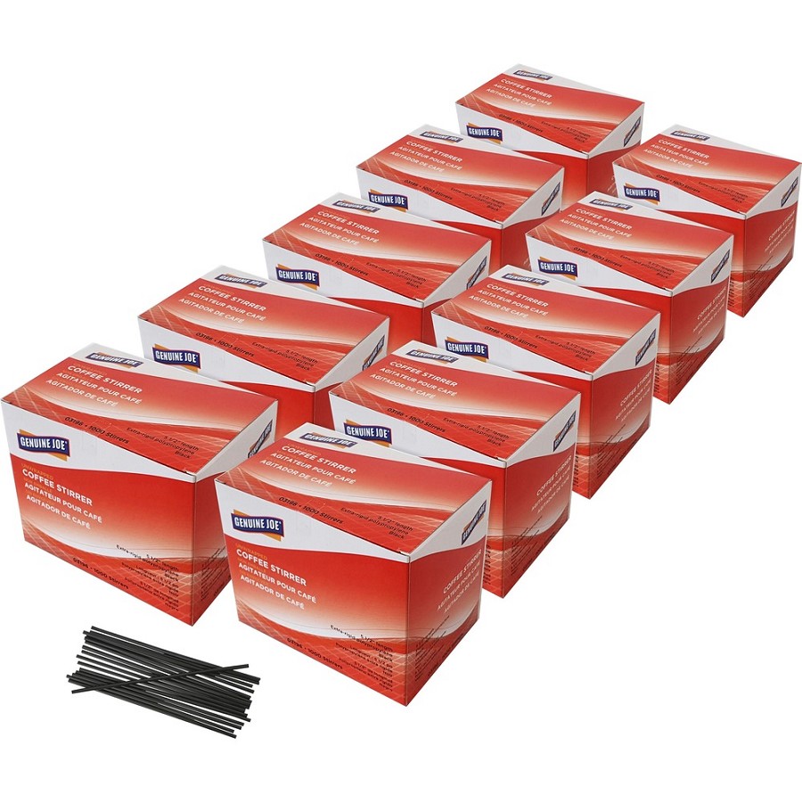 Genuine Joe Plastic Stirrers - 5.5' Length - Plastic, Polypropylene - Black - 1000/Box - 10 / Carton 
