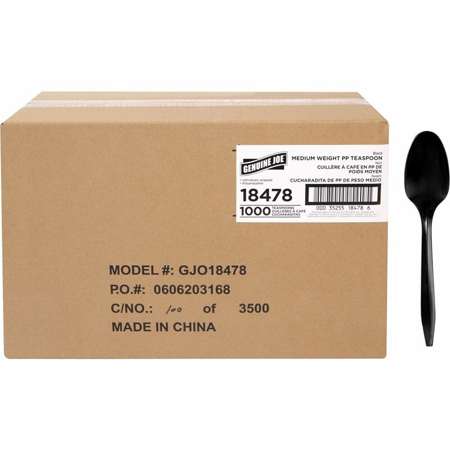 Genuine Joe Medium-weight Individually Wrapped Teaspoons - Teaspoon - Breakroom - Disposable - Black - 1000 / Carton 