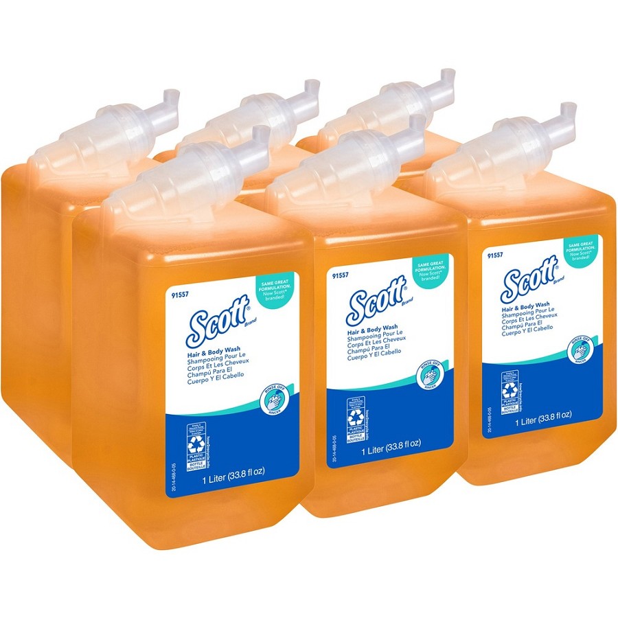 Scott Foam Hair & Body Wash - Citrus Scent - 33.8 fl oz (1000 mL) - Hair, Body - Yellow - Pleasant Scent, Residue-free - 6 / Carton 
