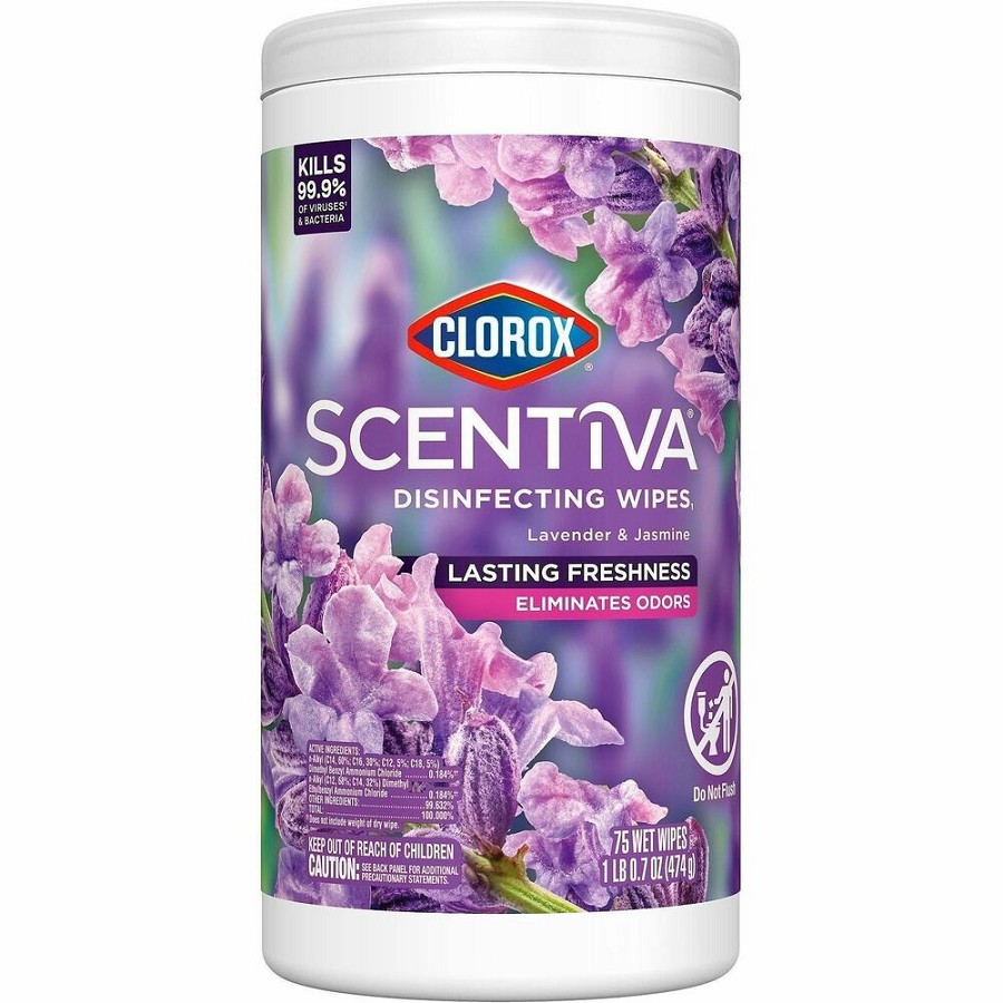 Clorox Scentiva Bleach-Free Cleaning Wipes - Lavender & Jasmine Scent - Bleach-free, Disinfectant, Long Lasting, Deodorize, Odor Neutralizer - White - 75 Tub - 1 Each 