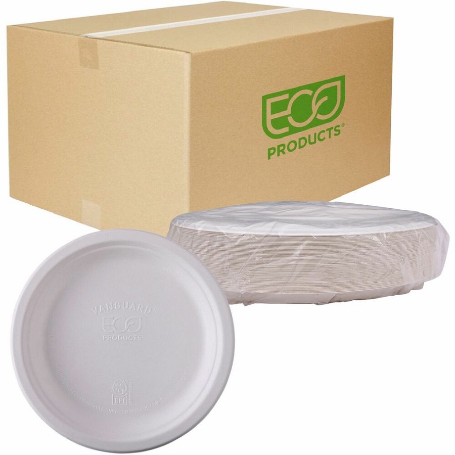 Eco-Products Vanguard 10' Sugarcane Plates - Breakroom - Disposable - Microwave Safe - 10' Diameter - White - Sugarcane Fiber Body - 500 / Carton 