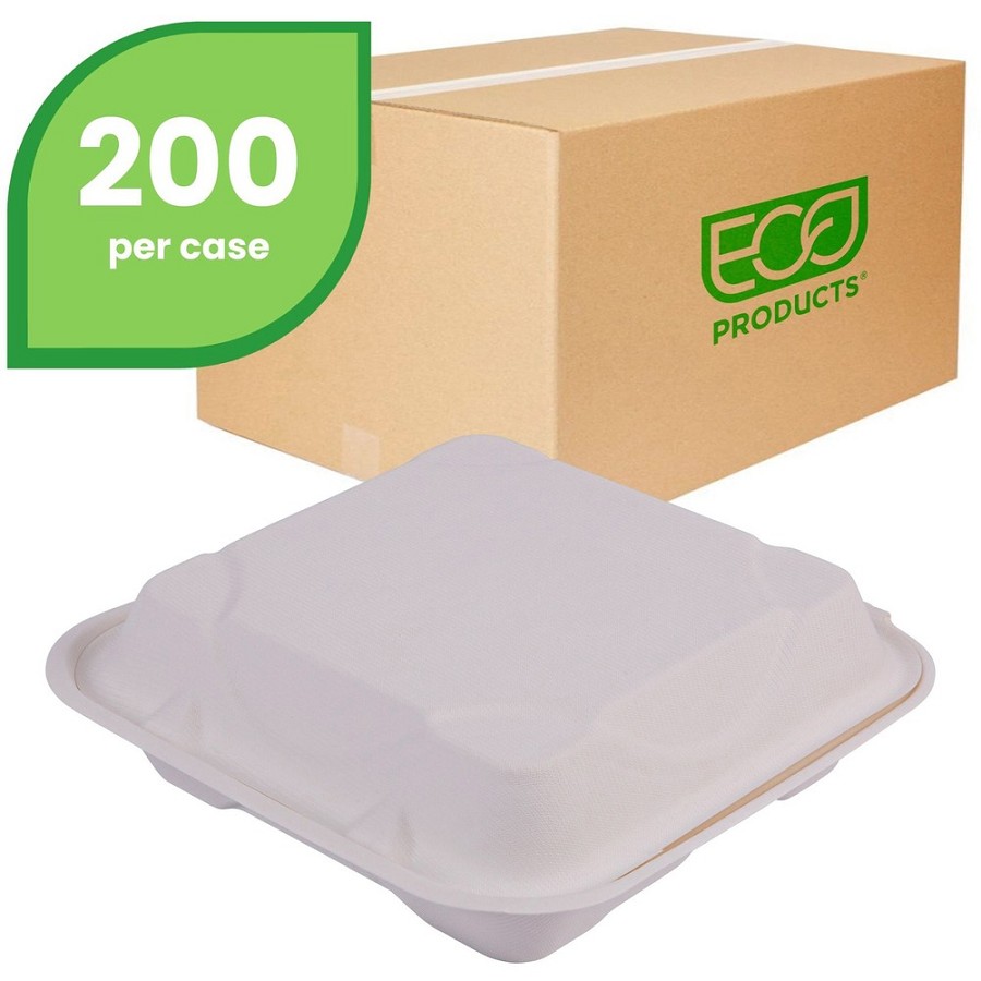 Eco-Products Hinged Clamshell Containers - Storing - Disposable - Microwave Safe - White - Sugarcane Body - 200 / Carton 