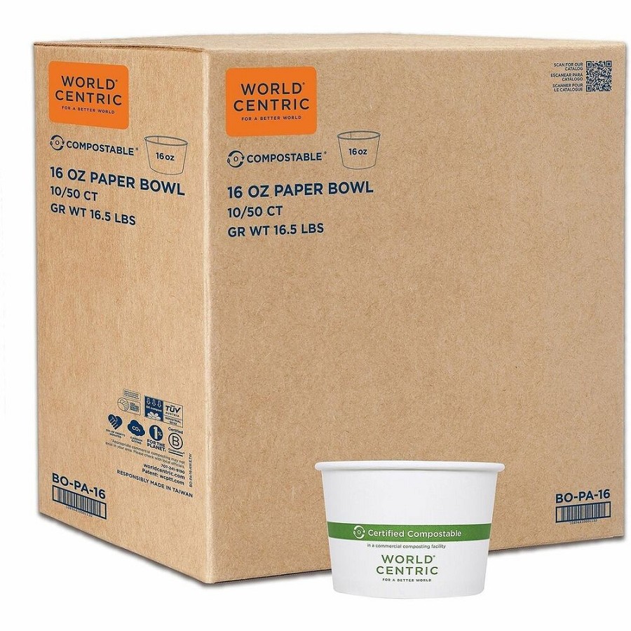 World Centric Compostable White Paper Bowl - Food, Soup, Ice Cream, Commercial - Disposable - White - Paper Body - 50/Pack - 10 / Carton 