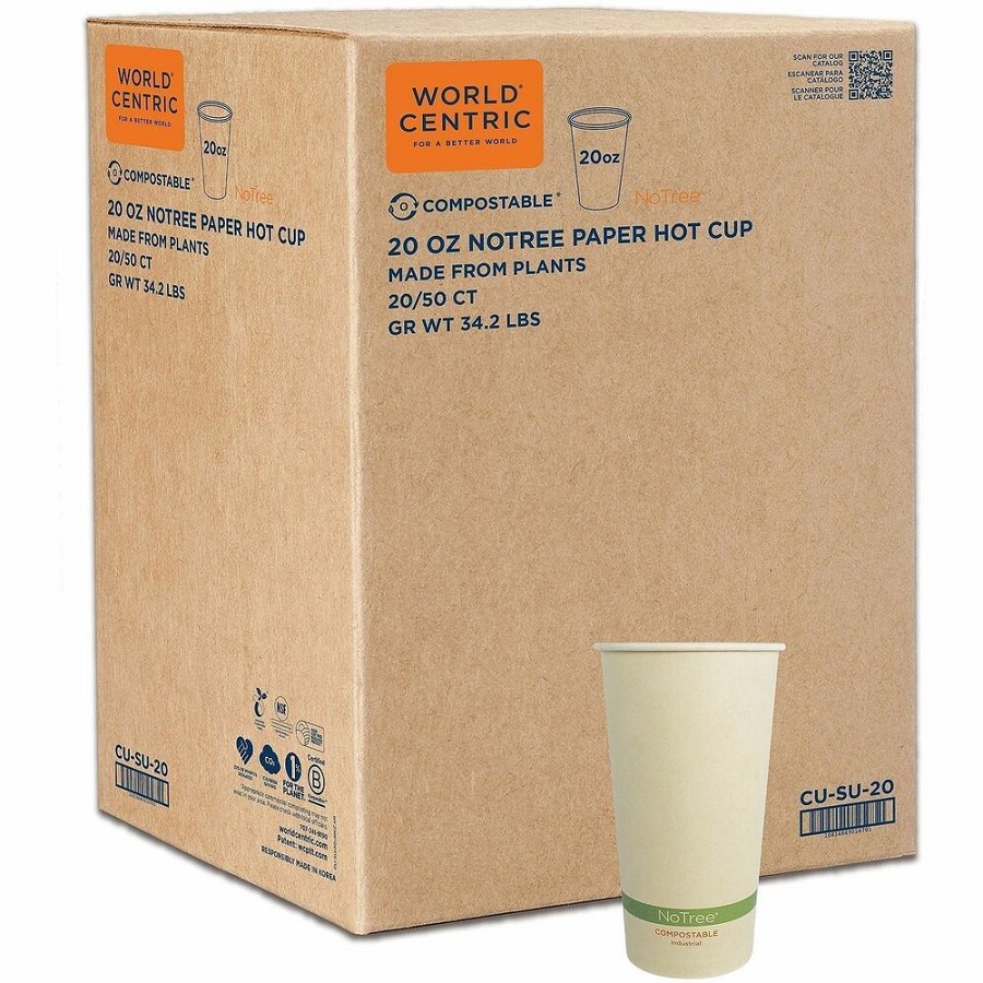 World Centric Compostable NoTree Paper Hot Cups - 20 fl oz - Beige - Paper - Hot Drink, Cafe, Restaurant, Tea, Coffee, Hot Chocolate, Cafeteria - 50/Pack - 20 / Carton 