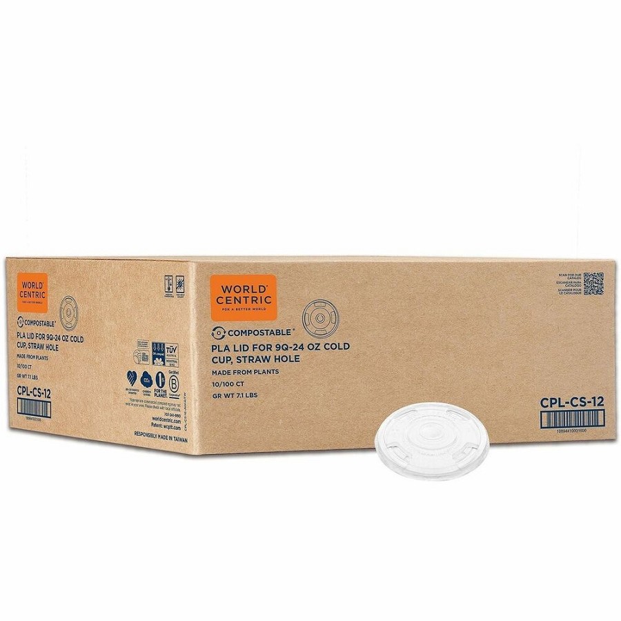 World Centric Compostable Clear Straw Lids - Plant Sugar, Polylactic Acid (PLA) - Clear - 1000 / Carton 